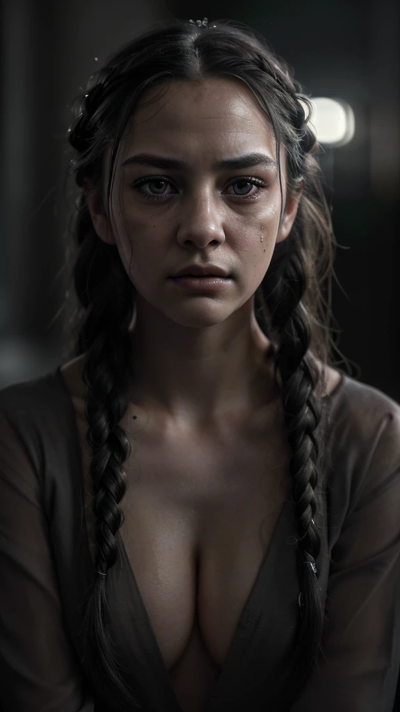 1 girl, beautiful detailed eyes, beautiful detailed lips, extremely detailed eyes and face, longeyelashes, extremely sad and melancholic expression, white skin, brown eyes, black hair with braids, wearing a black shirt, (best quality,4k,8k,highres,masterpiece:1.2),ultra-detailed,(realistic,photorealistic,photo-realistic:1.37),extremely realistic,dramatic lighting,cinematic,emotional,poignant,melancholic,somber,moody,dark,chiaroscuro,dramatic shadows,volumetric lighting,depth of field,bokeh