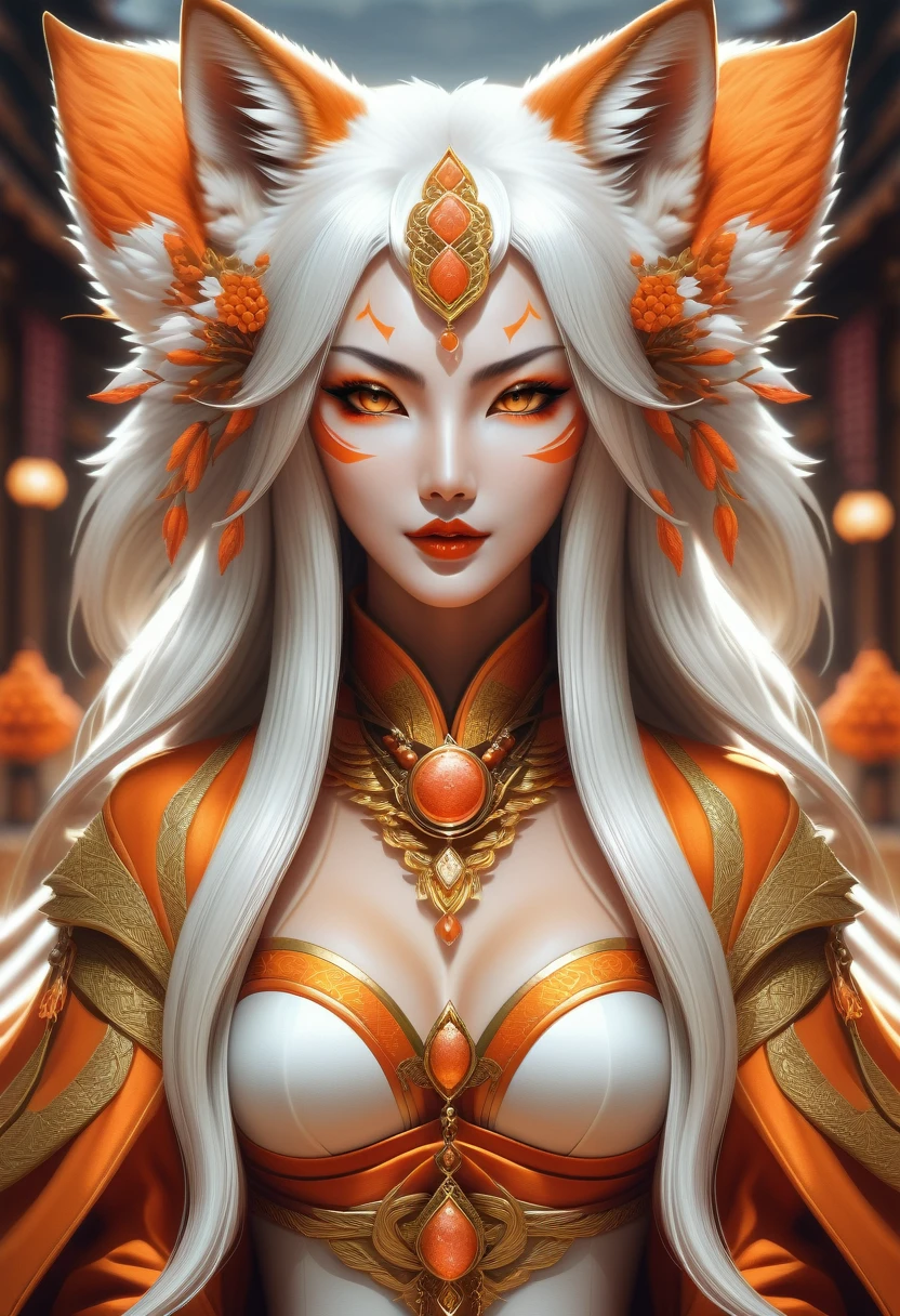 Anthropomorphic feminine kitsune enchantress. Official Art – An Award-Winning Digital Masterpiece In 4K Ultra HD, Extreme Detail And Intricate Realism. Symmetrical Face. This Concept Art Brought To Life By The Hands Of Artists Like Wlop & Artgerm In A Stunning 2D Vector Illustration. Background Is A Panoramic Vista.