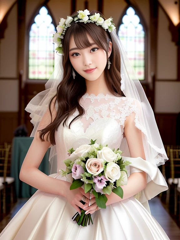 Photo-realistic quality、a woman in a Wedding dress holding a bouquet of flowers、20 year old Japanese model、白のWedding dress,Hanae Mori style wedding dress、lace prom dresses、looking at the camera、Detailed and beautiful eyes、Cute smile、Relaxed and gentle expression、a close up of a woman in a Wedding dress holding a bouquet, Wedding dress, So magical and dreamy