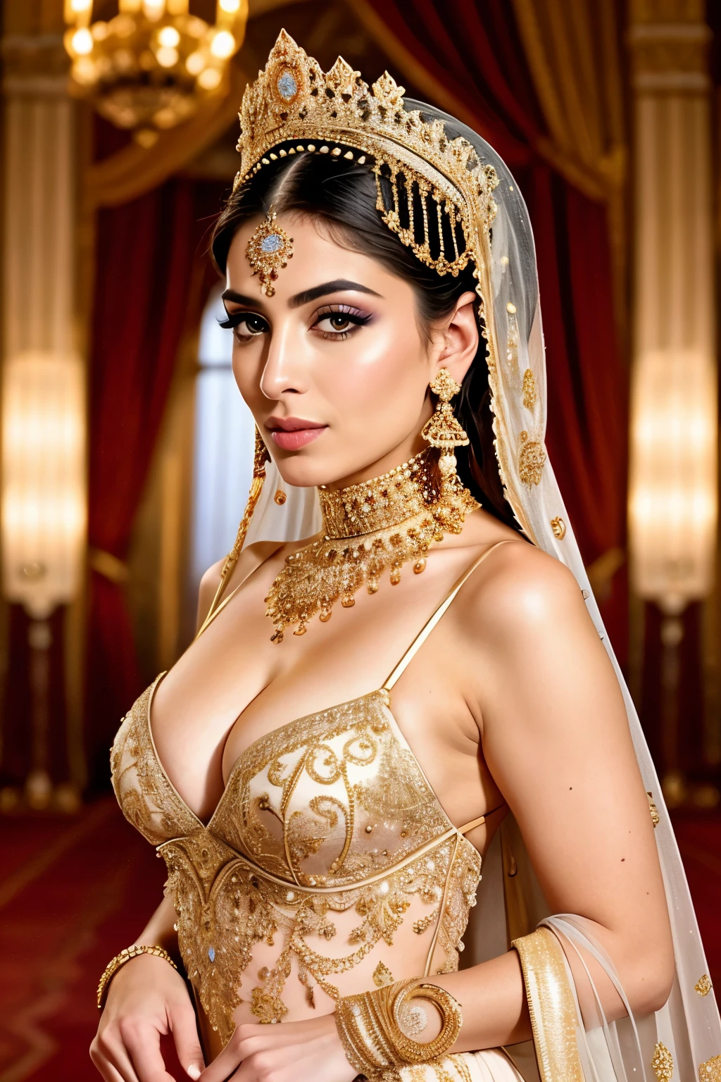realistic portrait of an extremely beautiful iraqi woman of royalty, detailed facial features, piercing eyes, elegant long eyelashes, beautiful lips, delicate nose, intricate royal jewelry, ornate headdress, lavish palace interior, golden accents, wearing a sexy outfit, slutty outfit, erotic outfit, dramatic lighting, highly detailed, photorealistic, 8k, cinematic composition, dramatic pose, elegant, regal, masterpiece