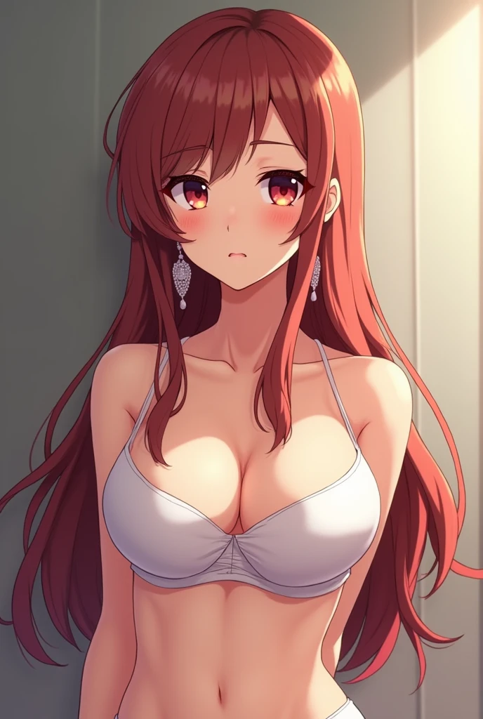 Make a braless female anime character with big breasts