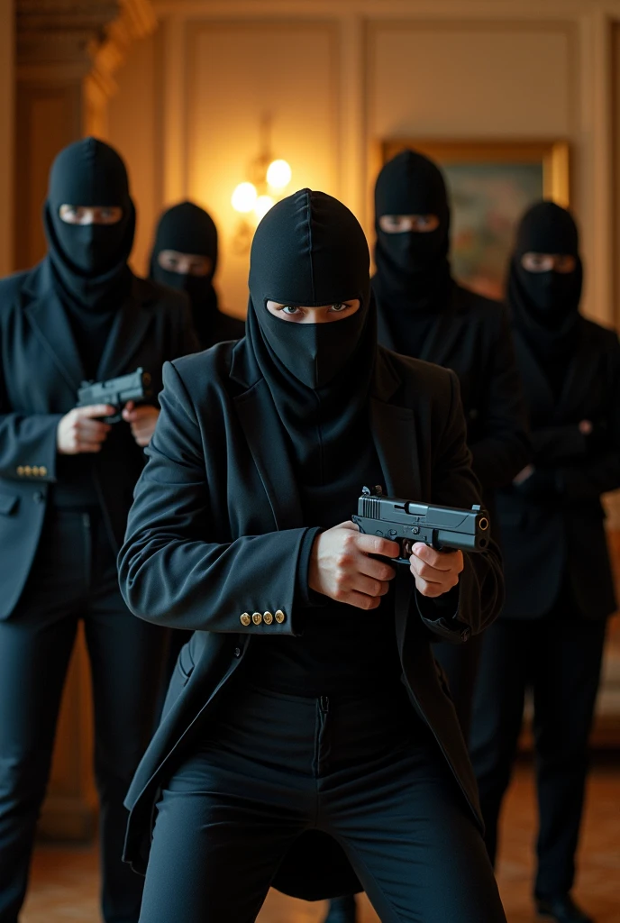 5 Famme qui porte une cagoule qui font un braquage dans une Vila donc homme et à les yeux bendes la bouche scotch et la fille et licot avec une arme sur la tête