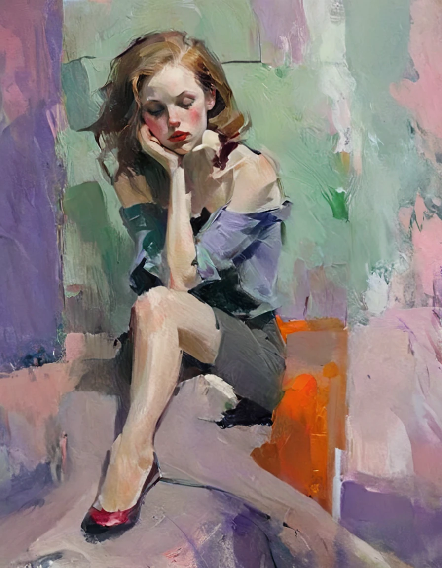 Create a portrait of a young woman in a semi-reclining pose with a pensive expression. Use a painterly style inspired by Malcolm Liepke, characterized by expressive brushstrokes and rich texture. Employ a color palette of muted greens, soft pinks, deep purples, and subtle flesh tones to evoke a sense of depth and emotion. The background should consist of abstract, textured layers in complementary colors, blending seamlessly with the figure. Pay attention to the contrast between the smooth, detailed rendering of the face and the rough, textured application of paint in the surrounding areas. Capture the delicate balance of vulnerability and strength in the subject's gaze and posture