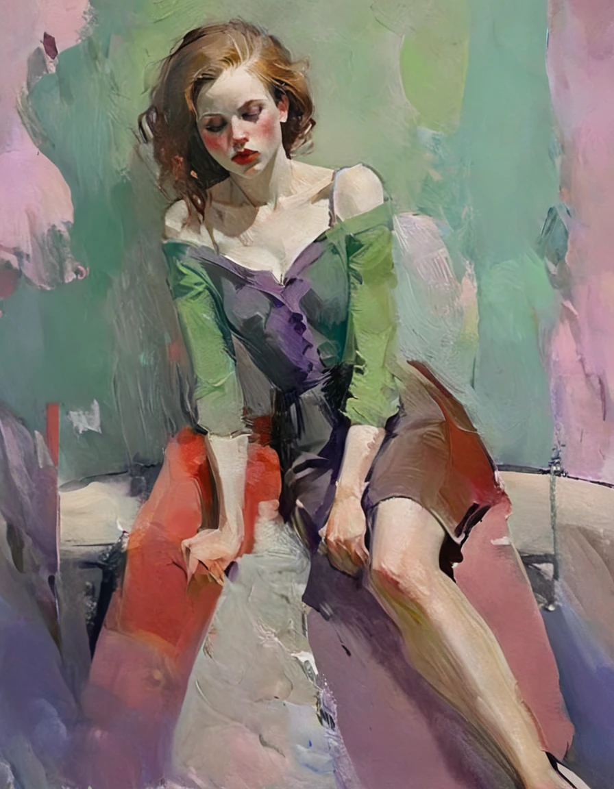 Create a portrait of a young woman in a semi-reclining pose with a pensive expression. Use a painterly style inspired by Malcolm Liepke, characterized by expressive brushstrokes and rich texture. Employ a color palette of muted greens, soft pinks, deep purples, and subtle flesh tones to evoke a sense of depth and emotion. The background should consist of abstract, textured layers in complementary colors, blending seamlessly with the figure. Pay attention to the contrast between the smooth, detailed rendering of the face and the rough, textured application of paint in the surrounding areas. Capture the delicate balance of vulnerability and strength in the subject's gaze and posture