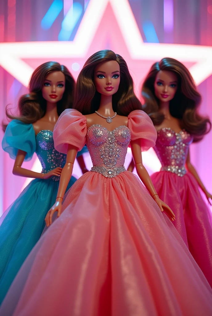 Three 1980s prom queen Barbie waering 1980s puffed sleeved dresses. All barbies have beown hair. In the background there is a pink and white star and a pink, white, and blue, beam