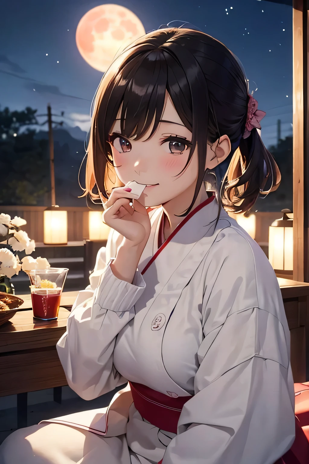 Highest quality、High resolution、Detailed Background、(Beautiful face in every detail:1.4)、Highly detailed face、Normal number of fingers、age beauty、Huge breasts、Perfect body line、Light color hair、Twin tails、Bobcut、ponytail、Cute gestures、Fun atmosphere、A big smile、Tsukimi、
Enjoying Tsukimi、Tsukimi spending time with friends、
At dusk、A girl and her friends are gathered in a nearby park.、
Everyone brought homemade dumplings and sweets, looked up at the big, bright red moon, and chatted happily.、While eating dumplings「This year's Tsukimi is very beautiful!」「Moon、I wish you a happy new year.!」I'm exchanging words with、
Some children were playing by making origami moon-shaped paper and folding it skillfully together with their friends.、「My Origami Moon、copper?」"「This is how I folded it」The atmosphere is peaceful and friendly.、
When the children got tired of playing, they sat down on the blankets.、We started singing Tsukimi's song together.、
I can feel myself creating heartwarming memories under the gentle moonlight.