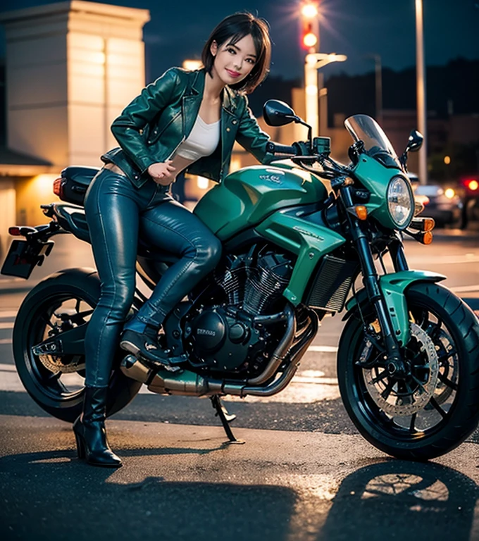 Clock body woman riding a motorcycle in mini skirt seen from behind