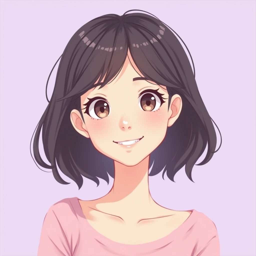 Gentle, smiling, cute, fair skin, bob hair, woman in her 20s, anime-style illustration, light purple background
