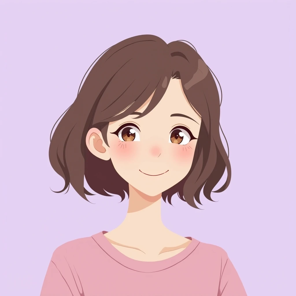 Gentle, smiling, cute, fair skin, bob hair, woman in her 20s, anime-style illustration, light purple background
