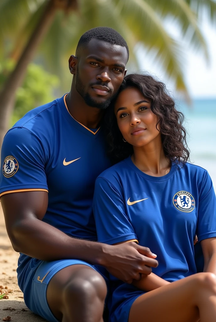 Draw a kenyan man who's age 19 years who's big body builder and beardless sitting with his girlfriend wearing Chelsea FC jersey