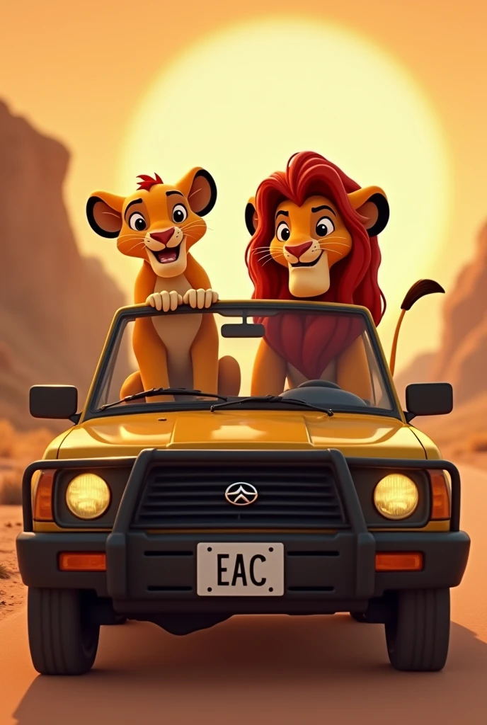 the characters from the lion king animation in safari cars. each car with a lion cub. (less timao,pumba and scar) on a road in the kingdom lands. the license plate of the car must be eac. the image must contain 5 cars on a road must contain two lions and a cub in each car
