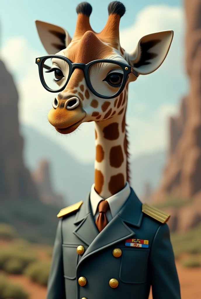 A giraffe with glasses and a shell uniform