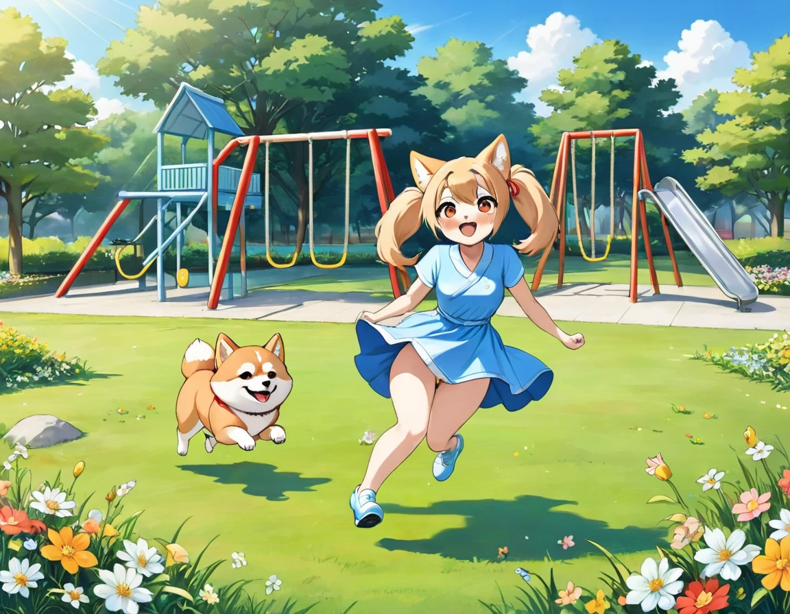 Light blue long hair、Beautiful girl with twin tails、A park full of grass and flowers、There are slides and swings、Five little characters playing、My beloved Shiba Inu dog is running around happily.、