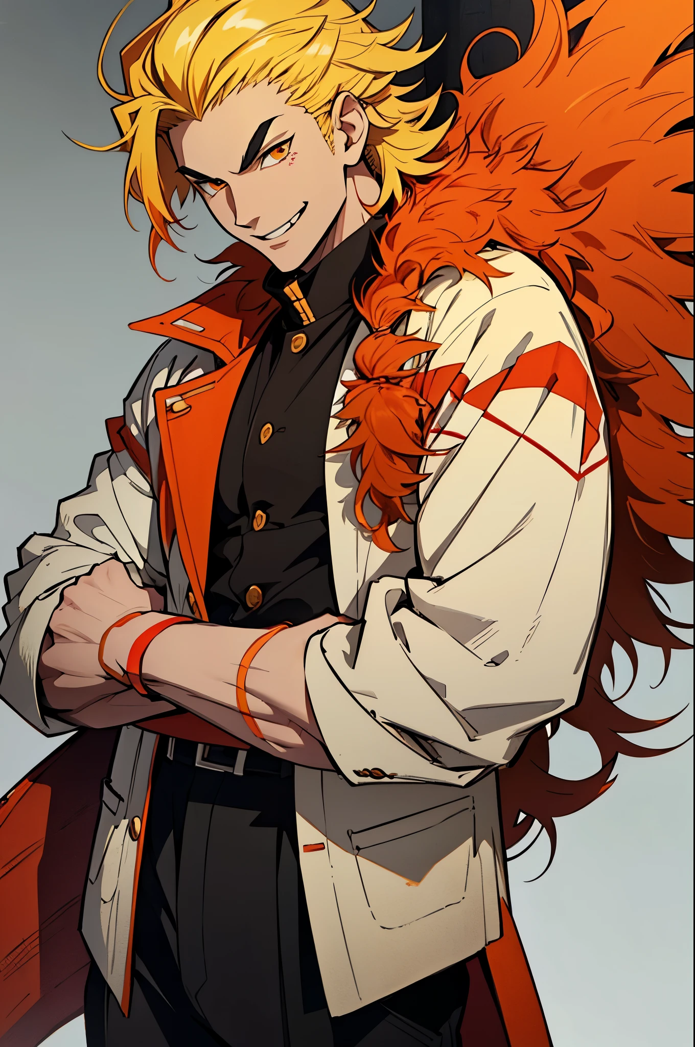 white young man, blonde hair with red highlights, orange eyes, rengoku eyebrows, smile, black Coach, black and yellow pants, arrogant smile, medium hair, messy hair, 1980 outfit