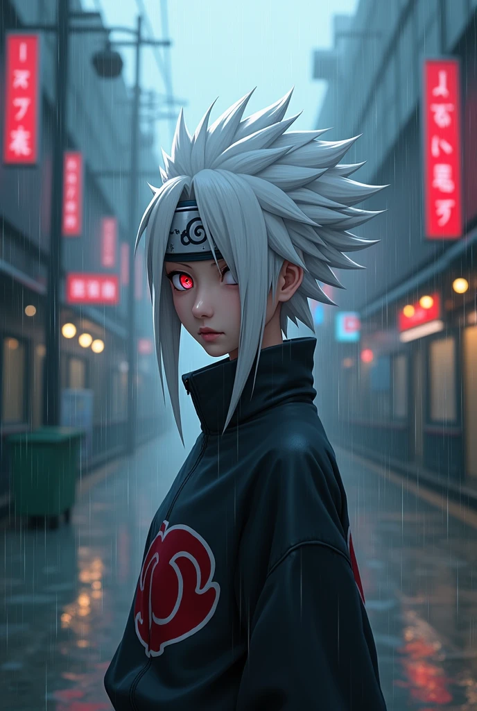 a character in the naruto style with white hair and red eyes and he is in the village of amegakure