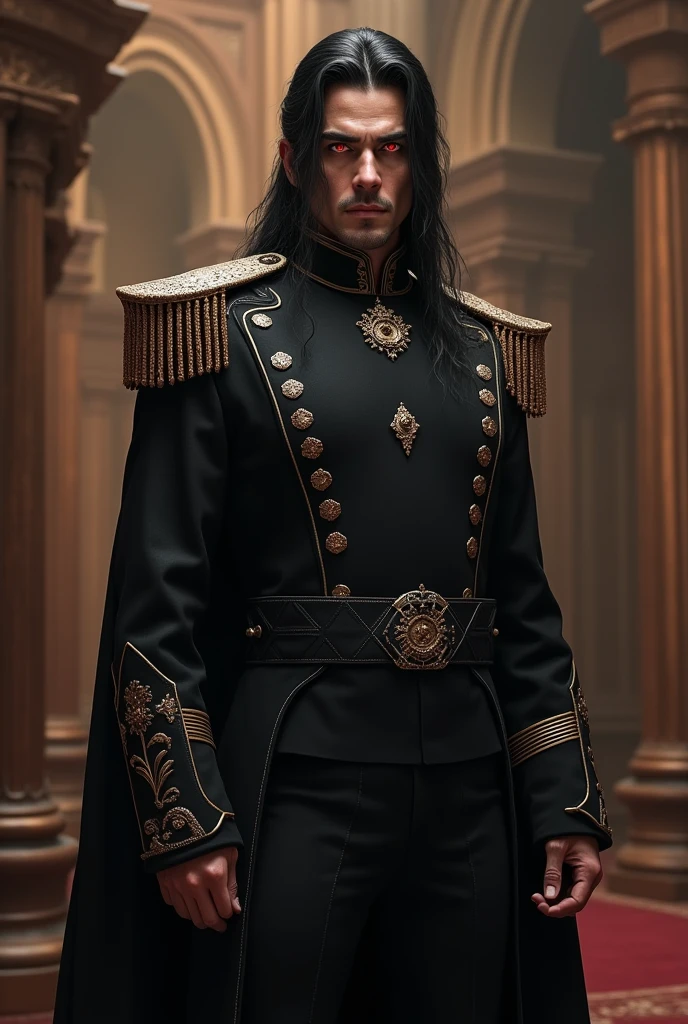 A noble duke with black hair and red eyes in a black military nobleman's outfit