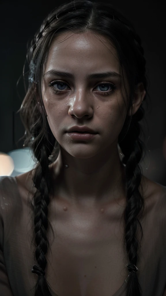 1 girl, beautiful detailed eyes, beautiful detailed lips, extremely detailed eyes and face, longeyelashes, extremely sad and melancholic expression, white skin, brown eyes, black hair with braids, wearing a black shirt, (best quality,4k,8k,highres,masterpiece:1.2),ultra-detailed,(realistic,photorealistic,photo-realistic:1.37),extremely realistic,dramatic lighting,cinematic,emotional,poignant,melancholic,somber,moody,dark,chiaroscuro,dramatic shadows,volumetric lighting,depth of field,bokeh