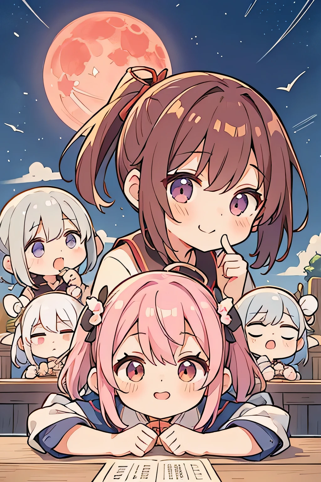 Highest quality、High resolution、Detailed Background、(Beautiful face in every detail:1.4)、Highly detailed face、Normal number of fingers、Teenage beauty、Huge breasts、Perfect body line、Light color hair、Twin tails、Bobcut、ponytail、Cute gestures、Fun atmosphere、A big smile、Tsukimi、
Enjoying Tsukimi、Tsukimi spending time with friends、
At dusk、A girl and her friends are gathered in a nearby park.、
Everyone brought homemade dumplings and sweets, looked up at the big, bright red moon, and chatted happily.、While eating dumplings「This year's Tsukimi is very beautiful!」「Moon、I wish you a happy new year.!」I'm exchanging words with、
Some children were playing by making origami moon-shaped paper and folding it skillfully together with their friends.、「My Origami Moon、copper?」"「This is how I folded it」The atmosphere is peaceful and friendly.、
When the children got tired of playing, they sat down on the blankets.、We started singing Tsukimi's song together.、
I can feel myself creating heartwarming memories under the gentle moonlight.
