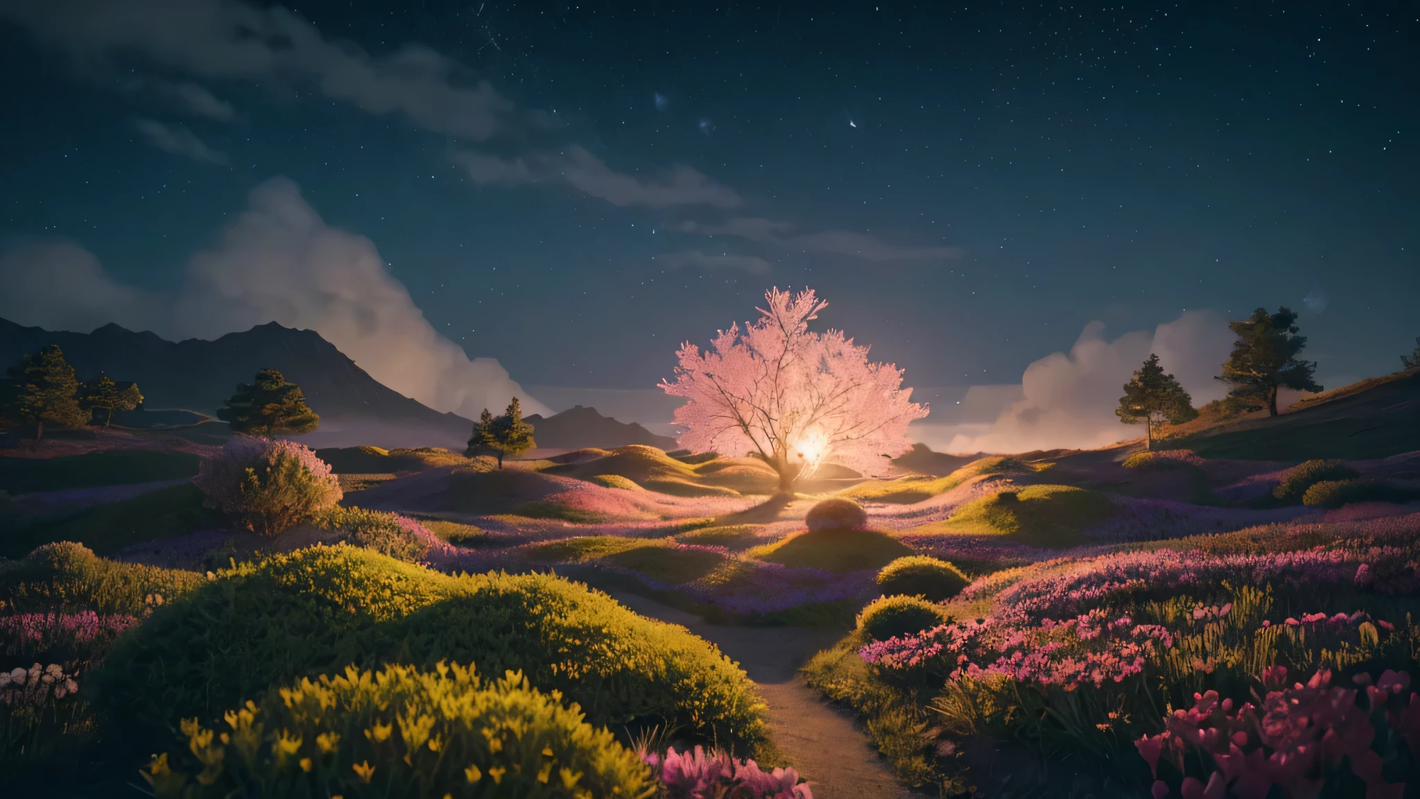 Miniature landscape,Miniature models，fantasy garden，Aesthetic healing，Pink overall，Beautiful and poetic，heart、In a vast 3D universe，These clouds are fluffy and soft，As if it had fallen from the sky，Each flower has a delicate texture and slight elasticity、The surrounding starry sky，Stars are not ordinary sharp points of light，but、Each one is round and rich.、A ball of light woven with soft light threads，Gives off a soft, warm glow，When the wind blows，The folds of silk flow naturally like ripples in water.，Adds a touch of warmth and romance、Studio Lighting，3d, Realistic lighting，Beautiful light，Edge Glow，Volumetric Light，Rim Light，Bioluminescence，Perfect composition，masterpiece，8k