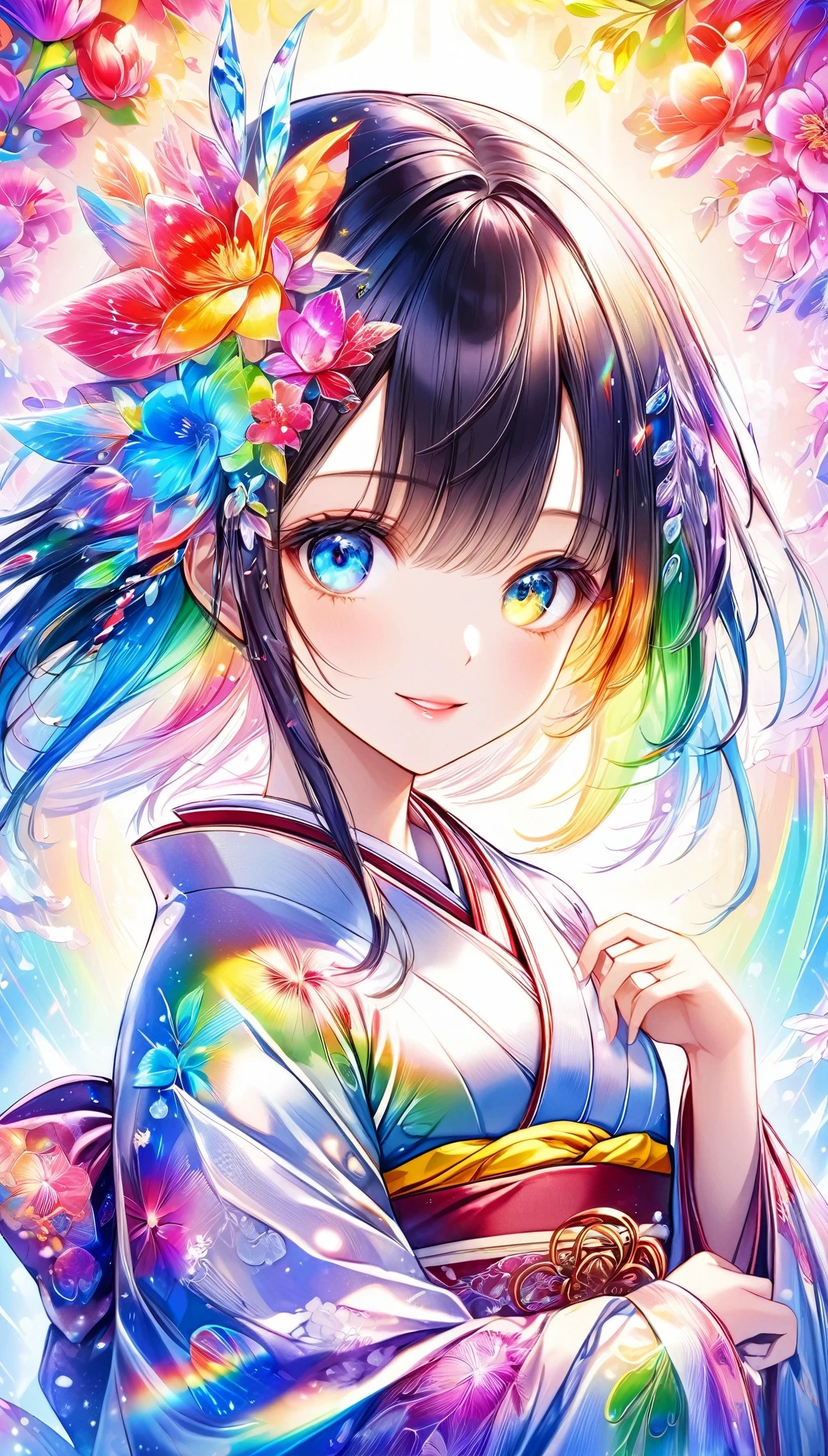 (((masterpiece))), (((Highest quality)))(, (Ultra-detailed)), A fusion of watercolor and oil painting, Psychedelic world, Commemorative photo, Japanese Kimono,cute, beautiful girl, Lolita, -yeld gi 1 cute girl, (Look forward), (Looking at this), (Very delicate and beautiful face), (Beautiful eyes in every detail), ((((Heterochromia Iridum - Red and Blue Eye Color))))、Through the bangs,Black Hair,Bob ,Beautiful attention to detail, Beautiful lip detail, Highly detailed face, Attractive eyes, Long eyelashes, smile, Open your mouth a little, One Girl, Digital Art, pastel colour, ((Use the rainbow as your main color)),Vibrant colors,fantasy art pieces,dream-like,Mythical fantasy with rainbow accents,Fairytale Fantasy, (((Translucent rainbow))),Subtle iridescent details,Gives off an aura of magic,Exquisite detail,Character clothing should be designed in kimono, Heavenly, Flowers,Soft lighting, Cinematic, romantic, baby dollming above the chest, Colorful gel background, Fractal Floral Background, Sparkling, Perfect lighting, Sharp focus, High resolution, High resolution,High color rendering, High resolution