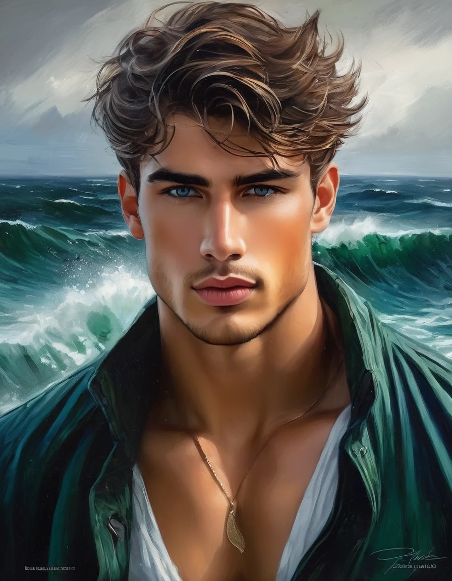 ((fullbody))
vista frontal Estilo Kevin Sloan
a 20 years old young man, fullbody, day light, divine proportions, athletic_toned_fitness_body, brown short hair, brown eyes, straight nose, thin lips, square chin, hard face, large eyes, hairy body, masculine gaze, handsome, realisitic skinny detailed muscles,
2. Acceptance of Fate
Style: Impressionism, with loose brushstrokes and vibrant colors to capture the vastness and movement of the sea.
Color palette: Cool, marine tones (cobalt blue, emerald green, gray) to convey the strength and immensity of nature.
Expression: A serene face, but with a slight wrinkle on the forehead denoting deep thought. Eyes fixed on the horizon, as if seeking answers in the vastness of the sea.
Setting: A stormy sea, with waves crashing against the ship. Seagulls soar overhead
master piece, artstation trending, ultra hd, realistic, vivid colors, highly detailed, UHD drawing, pen and ink, perfect composition, beautiful detailed intricate insanely detailed octane render trending on artstation, 8k artistic photography, photorealistic concept art, soft natural volumetric cinematic perfect light