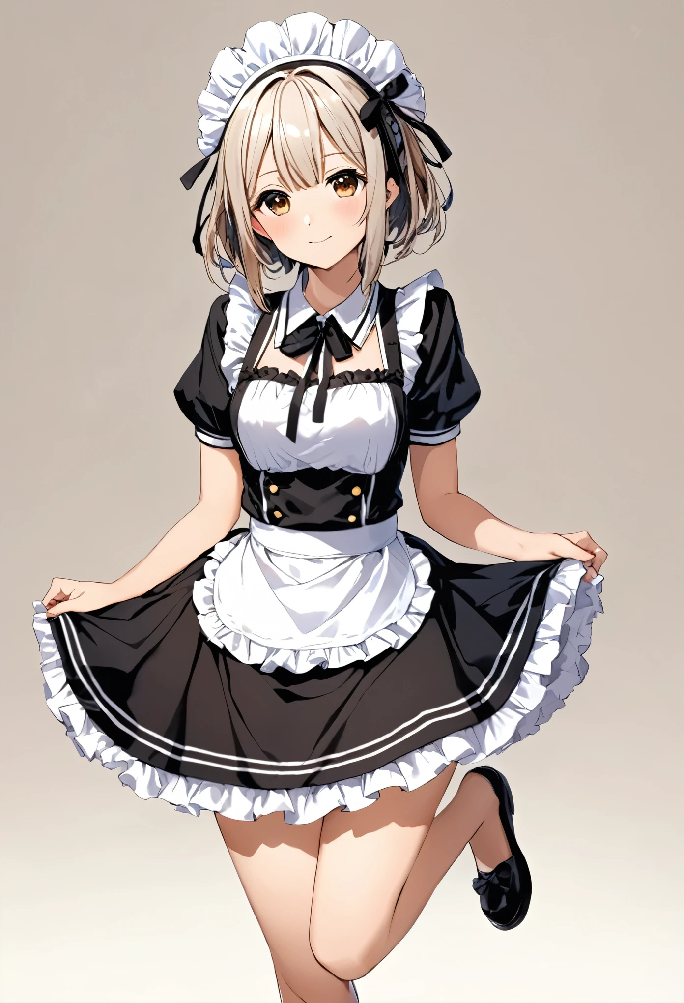((cofee-kizoku, anmi, tadano yukiko)), maid headdress, black bikini, short hair, shy smile, blush, middle breasts, simple background, best quality, ultra-detailed, long hair, alternative hair style, full body