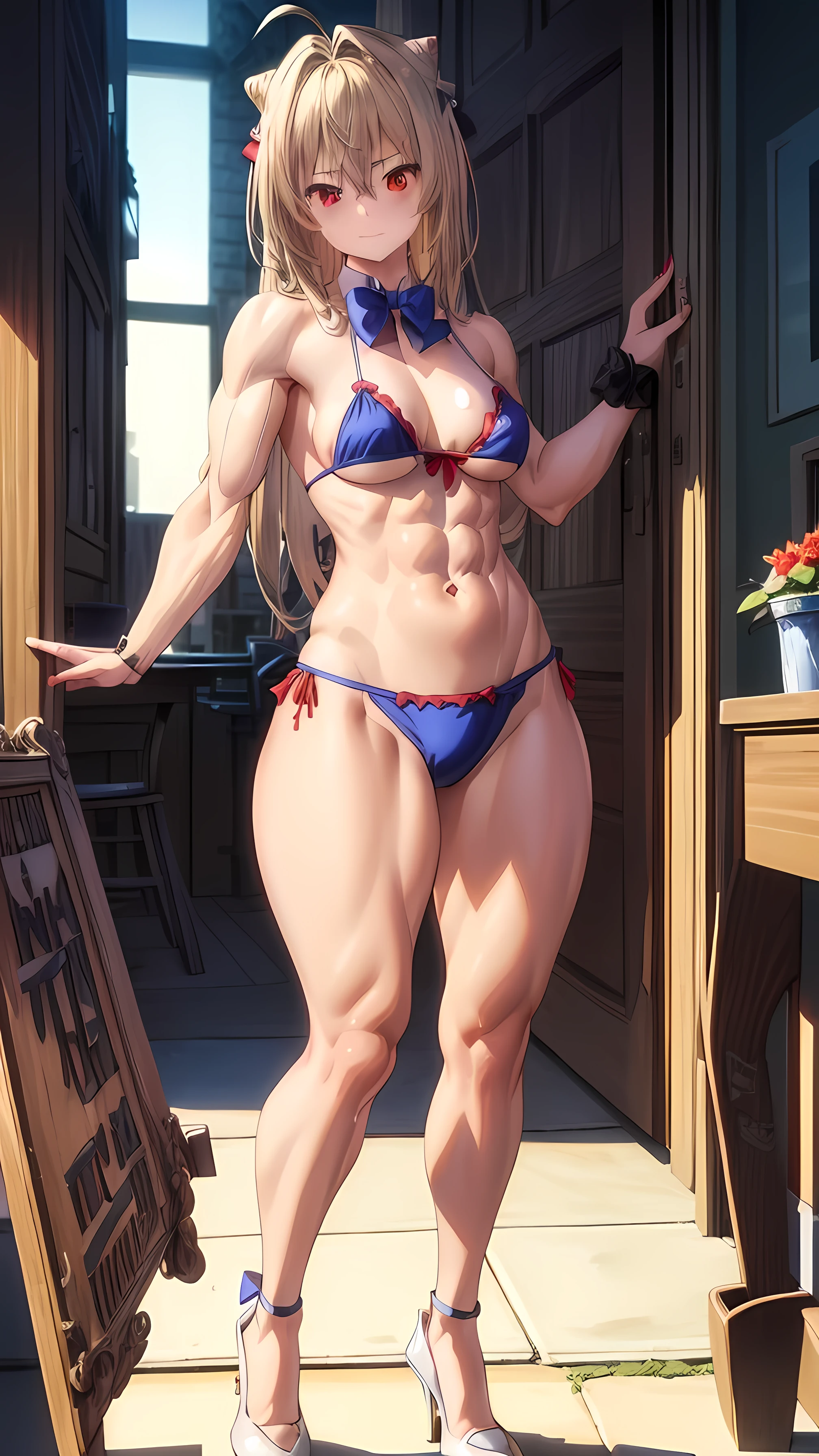 (((1 girl))), when he plows, (Red eyes: 1.5), blond hair, Long hair, conical hair bun, hair ornament, hair shots, Ahoge, fringe, blue bow tie, (Wearing a very sexy and short bikini), has, (muscular belly), muscular abs, Wide hips, Thin waist, (((posing sexy))), wearing black heels, (((standing)) ), {{{Full body photo}}}, bad humor, REST looking at the viewer , breaking and entering, classroom, interval (masterpiece: 1.2), Best Quality, highest resolution, unity wallpaper 8k, (illustration: 0.8), (beautiful detailed eyes: 1, 6), extremely detailed face, perfect lighting, Extremely detailed CG, (perfect red nails, perfect anatomy),