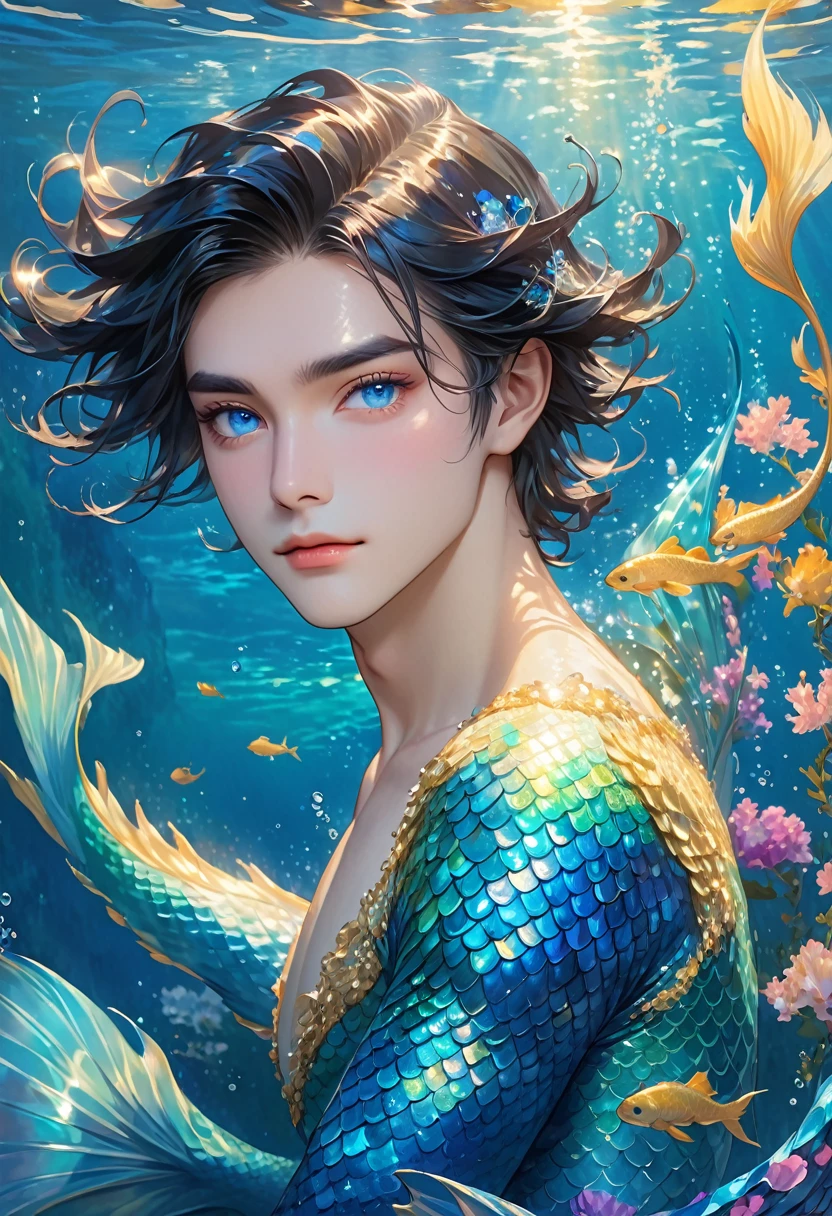 "A breathtakingly beautiful, androgynous male merman floats gracefully before us, his presence both ethereal and captivating. His long, flowing black hair dances in the currents, framing a face of delicate, androgynous beauty. His eyes are a mesmerizing sapphire blue, conveying a sense of gentle wisdom and otherworldly charm.

The merman’s skin is pale and flawless, but scattered across his torso are random patterns of shimmering blue and gold scales, adding to his fantastical and enchanting appearance. In place of legs, he has a long, flowing tail, the scales glistening like thousands of precious gems as it undulates through the water.

The merman’s upper body is lean and androgynous, with no visible body or facial hair. His features are soft and youthful, yet there is an undeniable allure and magnetism to his appearance. The viewer is drawn inexorably to his captivating gaze and the graceful, otherworldly movements of his magnificent tail.

The underwater scene should be rendered with the utmost attention to detail, from the intricate textures of the merman’s scales to the shimmering, kaleidoscopic refractions of light through the water. The overall composition should emphasize the merman’s ethereal beauty and enchanting presence, capturing the viewer’s imagination and leaving them spellbound by this truly mesmerizing creature of the deep."