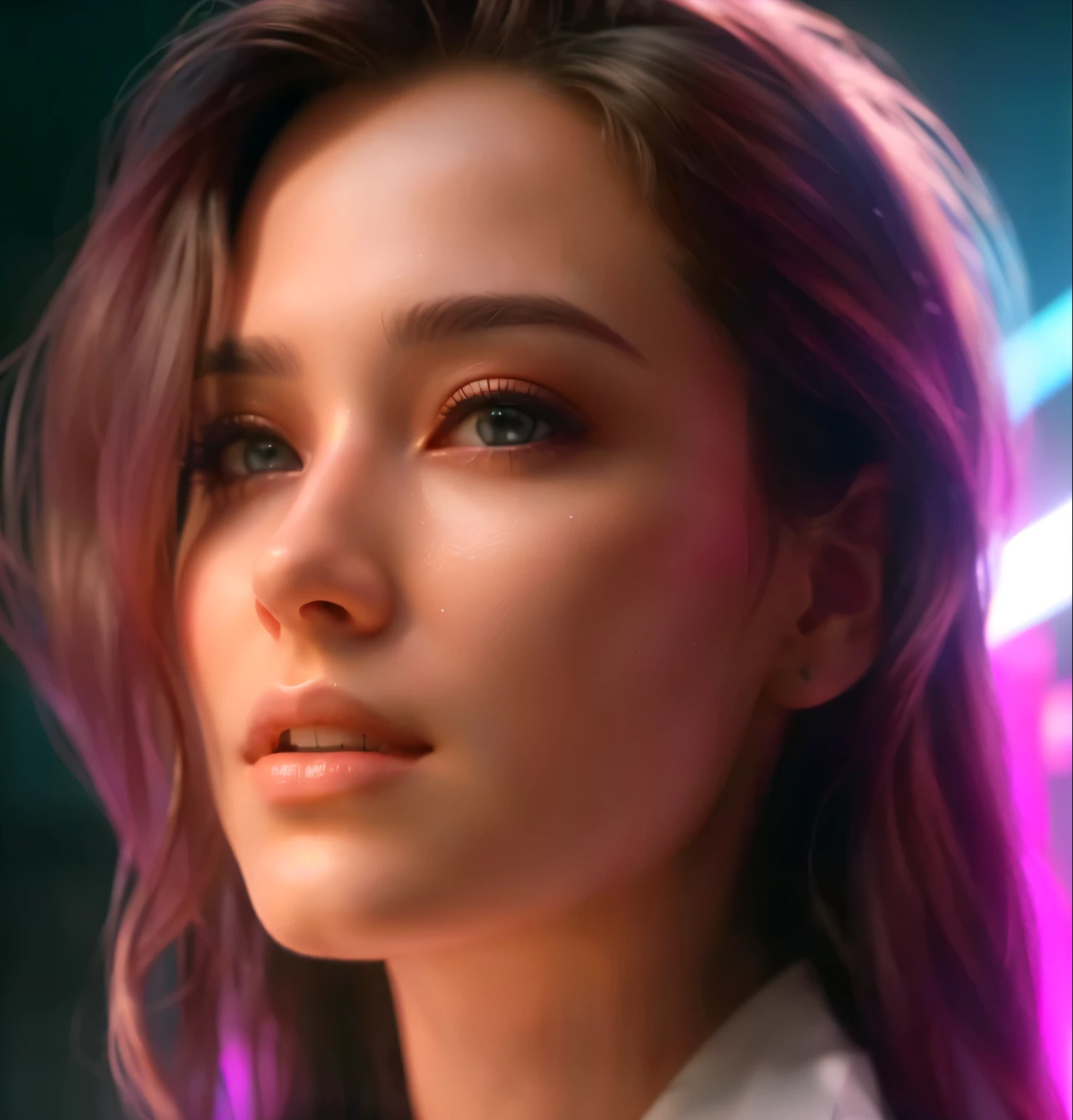 There is a woman with long hair and a white shirt., volumetric lighting rossdraws, Ross draws global illumination, soft portrait 8k, ultrarealistic cyberpunk art 8k, german art bokeh 8k, very detailed vfx portrait, Realistic 8k digital art., Hyperrealistic cyberpunk style, 4k realistic digital art, 4k realistic digital art