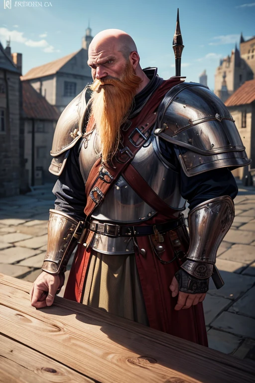 1men, middle age, bald, ginger beard, viking style beard, plate armour, scar on face, fantasy, knight, 4k, 8k, high quality, best resolution, very detailed, medieval city background,