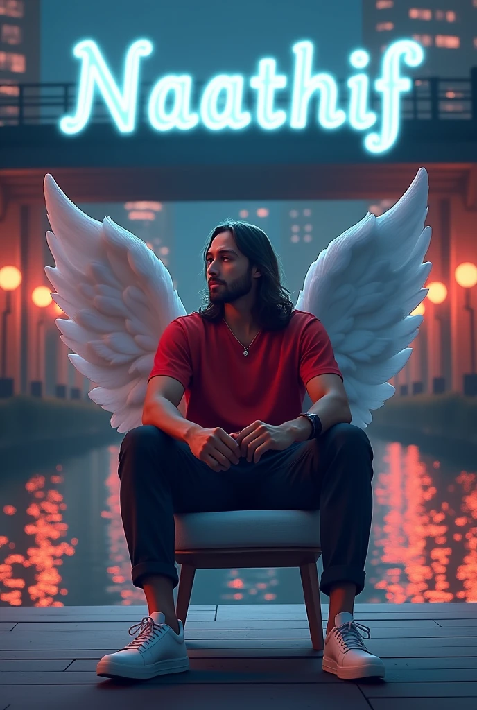 Create a 3D illustration for a profile picture where a 38 year old “Man”,With a long wavy hair, in a red shirt, in a black trousers, casually on a wings back chair, wearing sneakers a white, he look ahead to alake under a bridge, the background features “Naathif” in big and capital letters White neon light fronts on the back wall, there should not be his shadow and there are wings to make it appear as if he is angel.