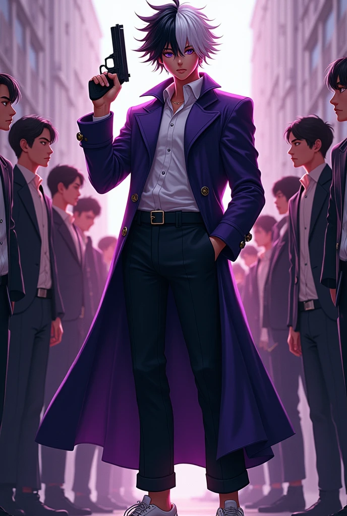 18 year old boy, 1,86 meters high, styled "Bleach", Caucasian skin, purples eyes, hair divided black on the left and white on the right, Korean appearance, purple overcoat, black pants, White sneakers, pistol in hand, several people bragging about him