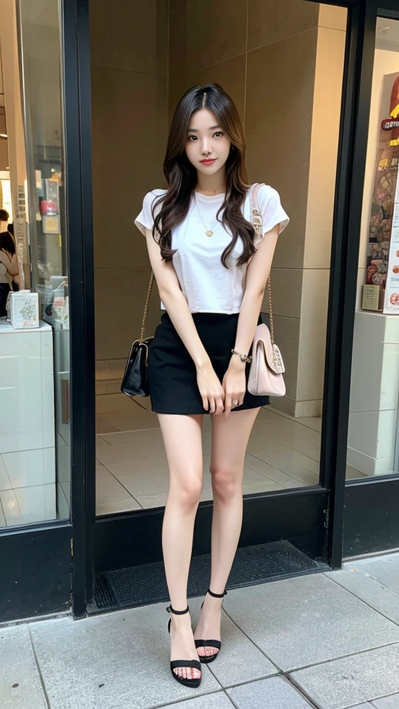 high quality, realistic, Mall, Korean woman window shopping, A dazzlingly beautiful face, slim and nice body, Top and miniskirt, sandals high heels, luxury bag, hot summer in the city, very hot weather, sweating, struggle with the heat, crowded