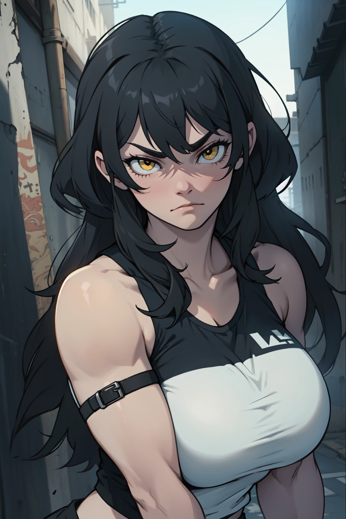 athletic build massive breasts pale skin black hair yellow eyes sad frown long hair