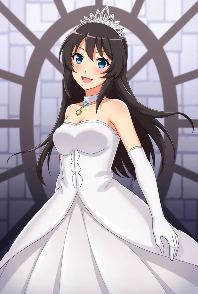 sagisawa fumika, 1girl, solo, watch, pendant watch, blue eyes, breasts, gloves, tiara, dress, long hair, cleavage, looking at viewer, white gloves, bare shoulders, open mouth, large breasts, strapless, choker, blush, white dress, black hair, brown hair, hair between eyes, strapless dress, collarbone, smile, bangs, on stage,