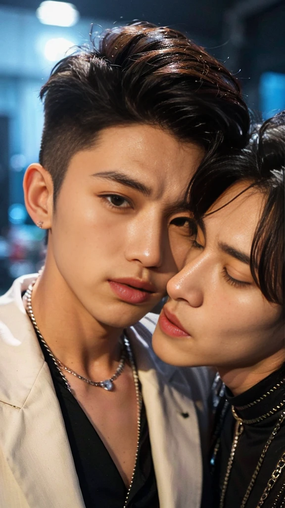 best quality, masterpiece, 8K, HD, two men, two males, close up of 25 year-old korean men, kissing passionately, masculine, stylish hair, tears streaming down face, sexy, gay, homoerotic, cyberpunk style, vibrant colors, intrictae details, perfection