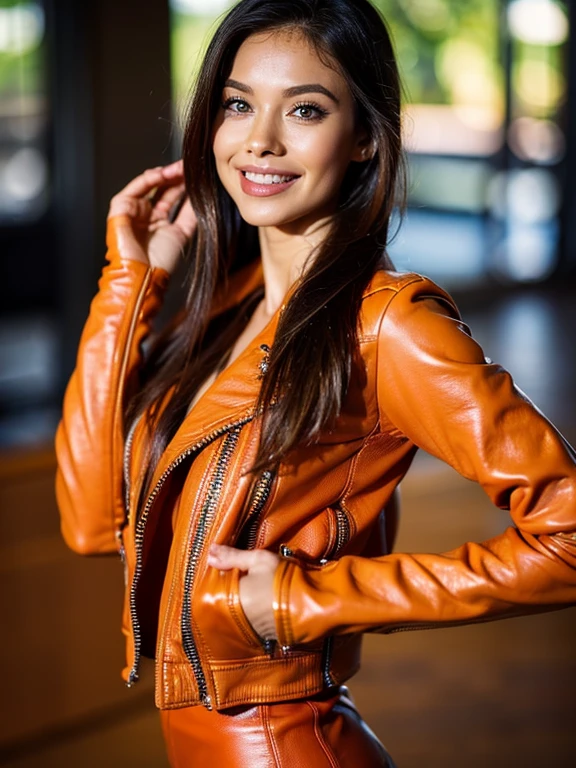 ((best quality)), ((masterpiece)), ((perfect face))、((detailed motorcycle))、Detailed and clear photos、((riding a motorcycle))、slender body、long legs、full body shot、smile、((Orange long sleeve riding jacket and leather pants))
