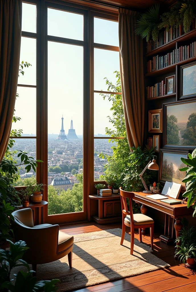 "A luxurious penthouse view from the Tour Cristal tower in Paris. The scene captures the breathtaking cityscape, with iconic Parisian landmarks visible in the distance. The penthouse interior has a foresty vibe, featuring rich wooden floors, lots of greenery, and large windows that flood the space with natural light. The room is adorned with numerous bookshelves filled with books, art supplies, and musical instruments. The walls display a collection of paintings, and there’s a cozy corner with a grand piano, easels, and a writing desk. The vibe is creative, warm, and artistic, reflecting the owner’s passion for music, painting, and writing."