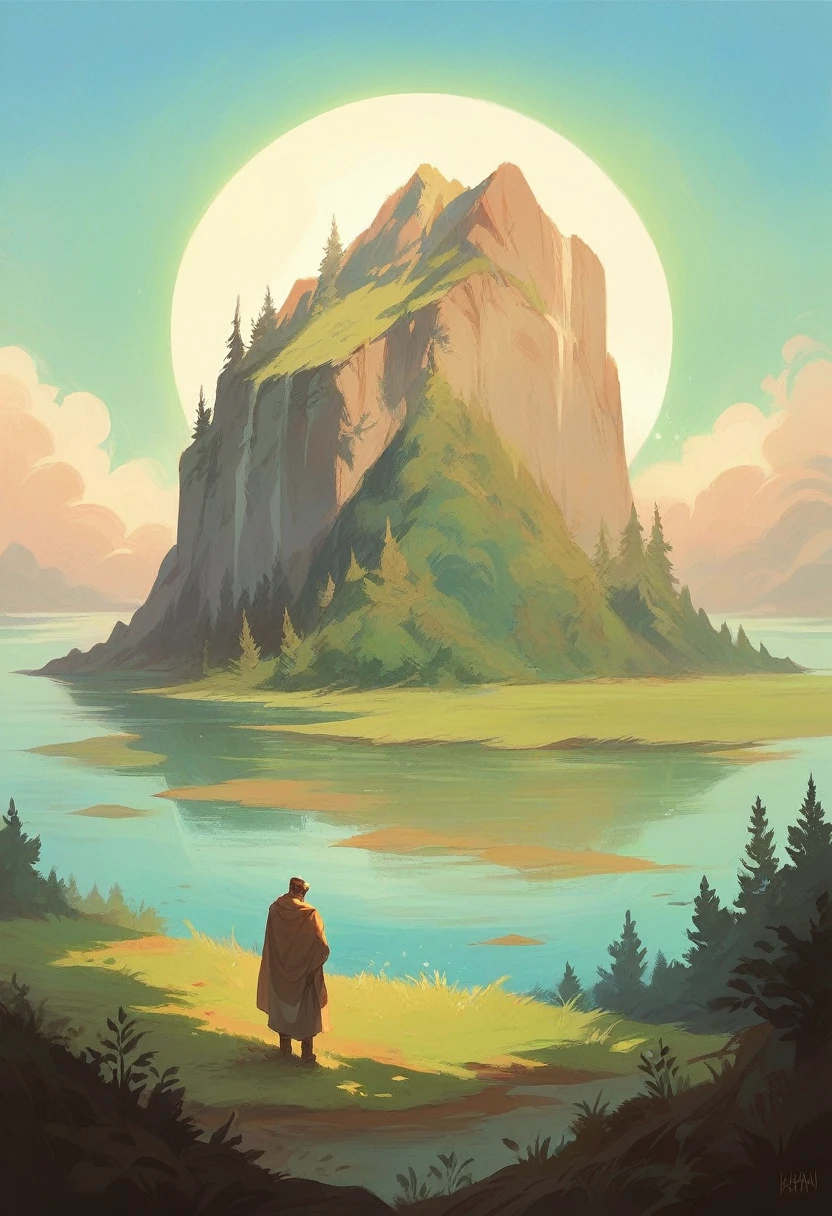Create an enchanting scene featuring hugh jackman as wolverine standing at the edge of a tranquil lake, surrounded by breathtaking natural beauty, as the sun gracefully sets in the horizon.