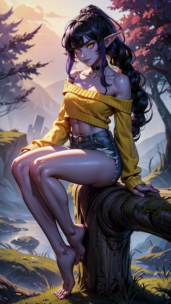 (best quality), 1girl, solo, Shyvana, dragon girl, facial mark, pointy ears, yellow eyes, colored sclera, slit pupils, colored skin, (purple skin:1.2), twin braids, low ponytail, long hair, black hair, toned, abs, looking at viewer, smile, outdoors, forest, gloomy lighting, yellow sweater, off shoulder, denim shorts, bare legs, sitting on log, leaning back,detalid dace,detailed hands,elf woman,full body,