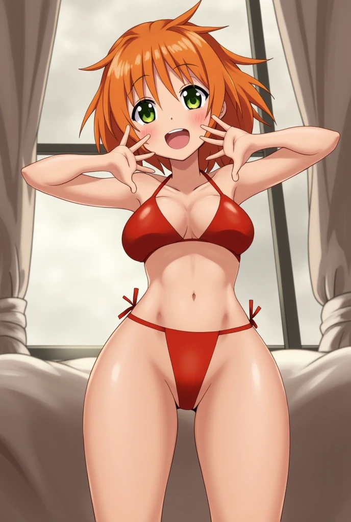 1 girl, US, hair orange, breasts big, standing, Room, facing the front, Bikini, gazing at viewer, へそ, sexly, dynamic angle, from below I