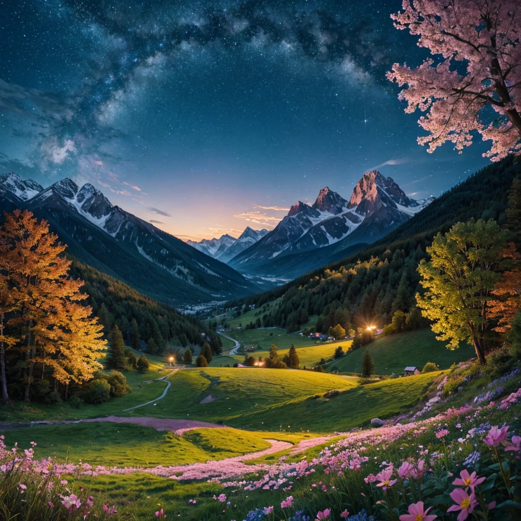 Beautiful night landscape with mountains and trees and flowers artwork of the highest quality 8k