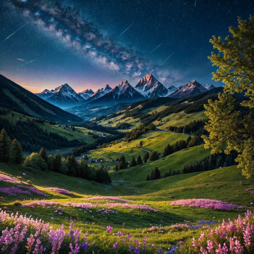 Beautiful night landscape with mountains and trees and flowers artwork of the highest quality 8k