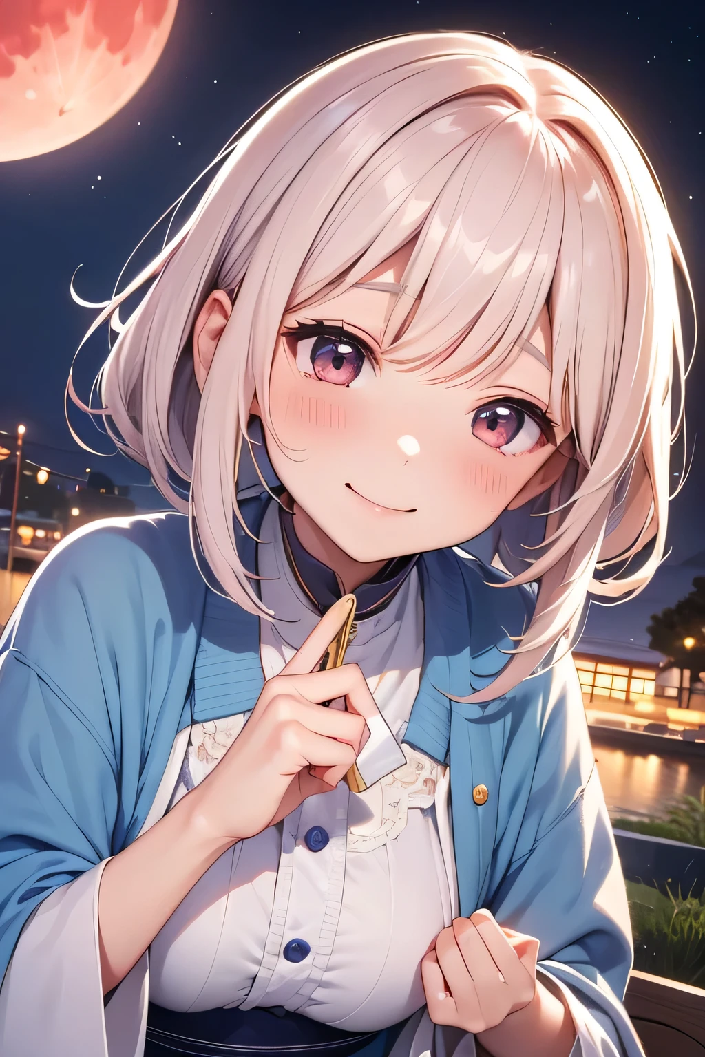 Highest quality、High resolution、Detailed Background、(Beautiful face in every detail:1.4)、Highly detailed face、Normal number of fingers、Teenage beauty、Huge breasts、Perfect body line、Light color hair、Twin tails、Bobcut、ponytail、Cute gestures、Fun atmosphere、A big smile、Tsukimi、
Enjoying Tsukimi、Tsukimi spending time with friends、
At dusk、A girl and her friends are gathered in a nearby park.、
Everyone brought homemade dumplings and sweets, looked up at the big, bright red moon, and chatted happily.、While eating dumplings「This year's Tsukimi is very beautiful!」「Moon、I wish you a happy new year.!」I'm exchanging words with、
Some children were playing by making origami moon-shaped paper and folding it skillfully together with their friends.、「My Origami Moon、copper?」"「This is how I folded it」The atmosphere is peaceful and friendly.、
When the children got tired of playing, they sat down on the blankets.、We started singing Tsukimi's song together.、
I can feel myself creating heartwarming memories under the gentle moonlight.