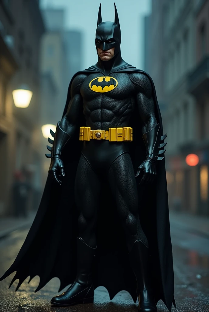 Batman in the Micheal Keaton with all dark black The yellow oval and the yellow utility boat and Black Nike boots and let’s add some blue cell Shading make it 80 show