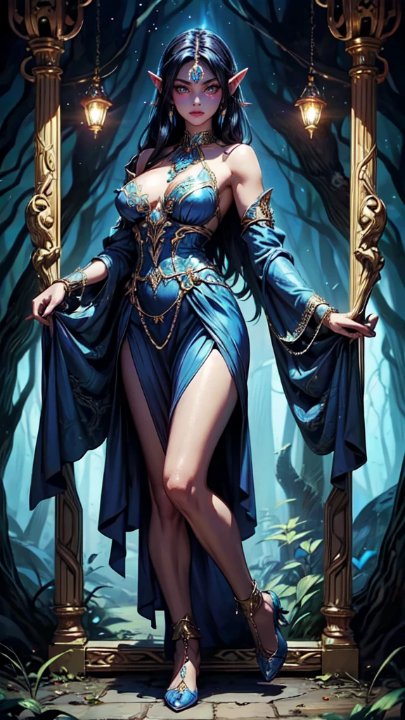 masterpiece, best quality, nightelf, glowing eyes, colored skin, facial mark, mature female, blue dress, filigree, ornate, jewelry, looking at viewer, forest, night, bare shoulders,detalid dace,detailed hands,elf woman,full body,
