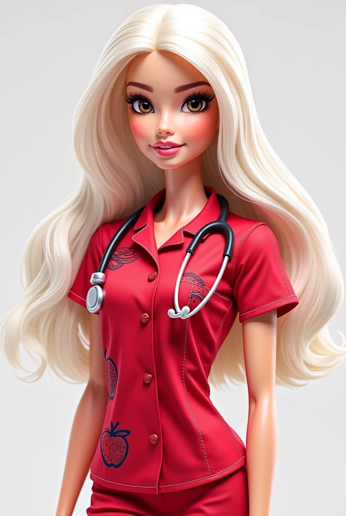 Barbie cartoon red medical suit with drawings of snakes and apples , brown eyes white skin ,white hair