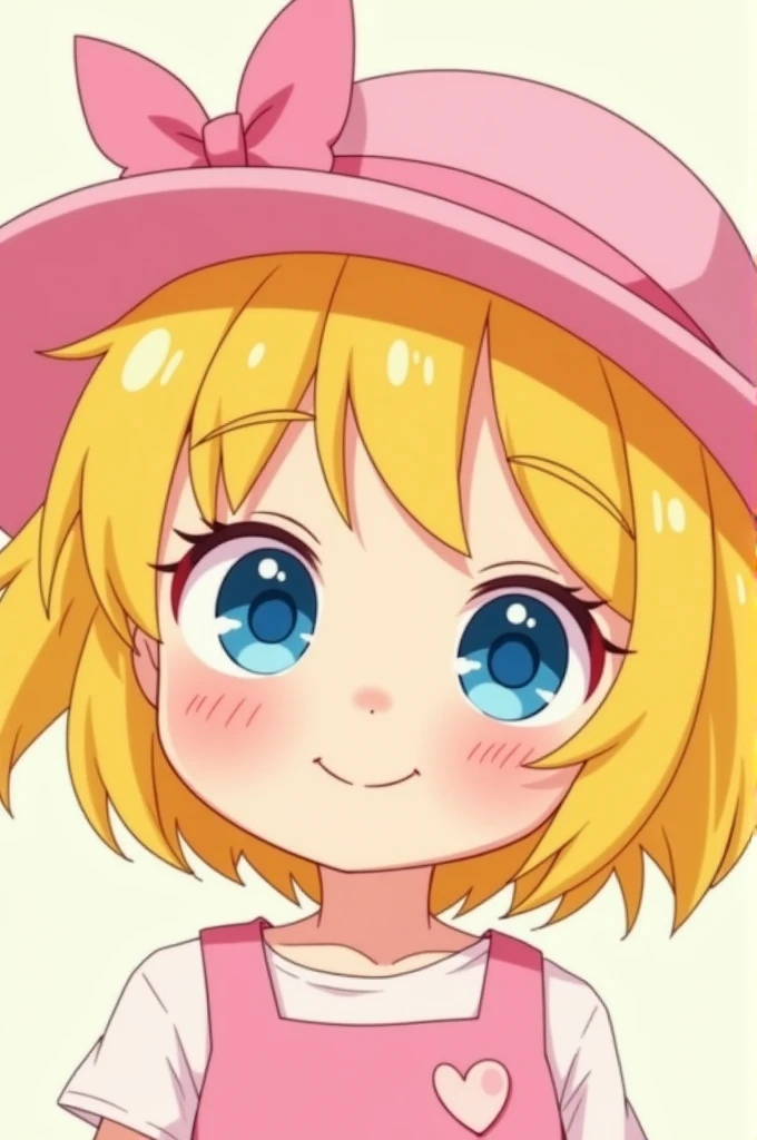 Create an image of a girl in 2d style short blonde hair pink hat with bow around and blue eyes
