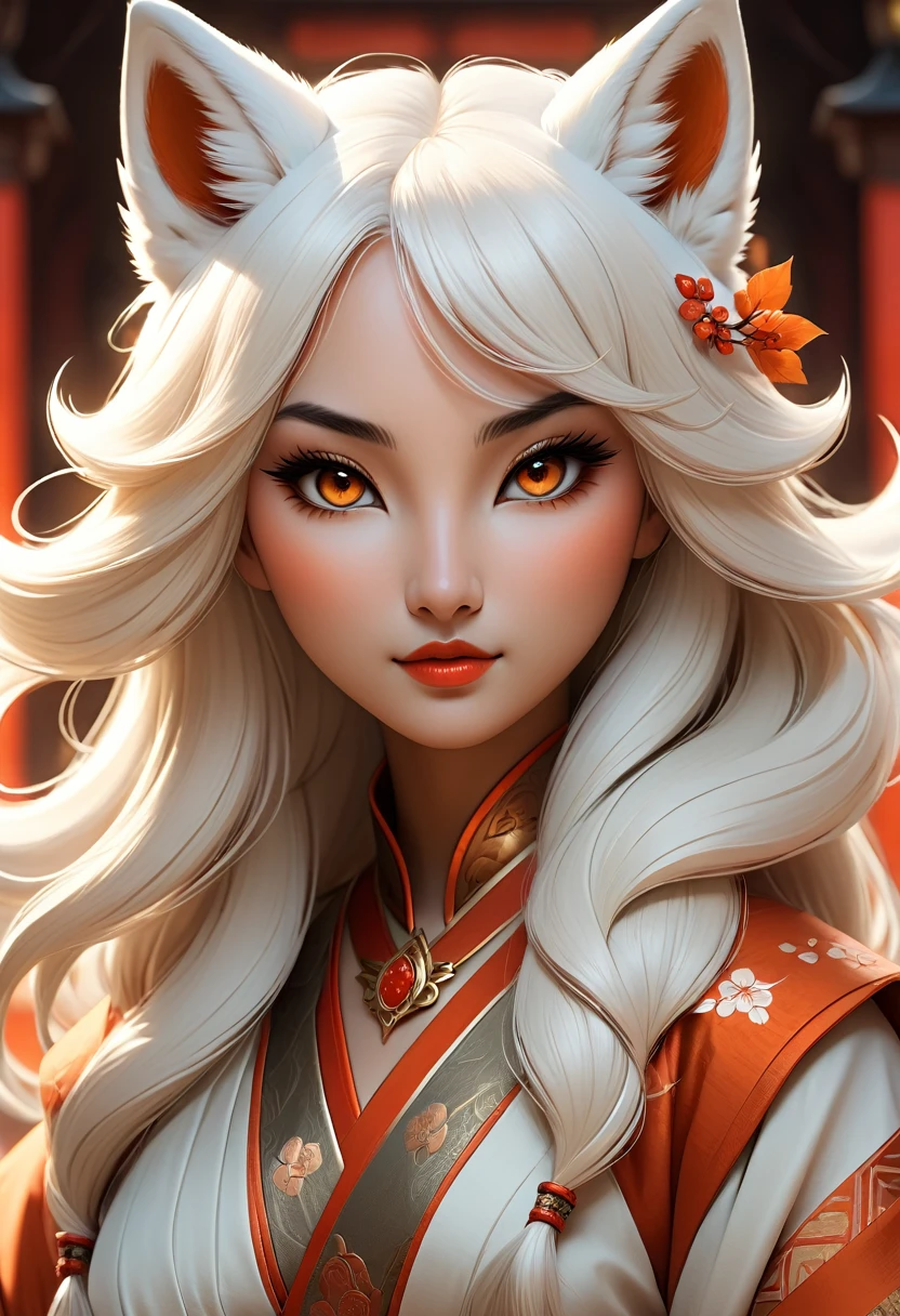 Anthropomorphic feminine kitsune enchantress. Official Art – An Award-Winning Digital Masterpiece In 4K Ultra HD, Extreme Detail And Intricate Realism. Symmetrical Face. This Concept Art Brought To Life By The Hands Of Artists Like Wlop & Artgerm In A Stunning 2D Vector Illustration. Background Is A Panoramic Vista.
