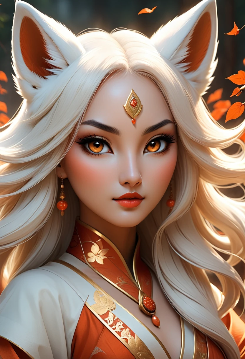 Anthropomorphic feminine kitsune enchantress. Official Art – An Award-Winning Digital Masterpiece In 4K Ultra HD, Extreme Detail And Intricate Realism. Symmetrical Face. This Concept Art Brought To Life By The Hands Of Artists Like Wlop & Artgerm In A Stunning 2D Vector Illustration. Background Is A Panoramic Vista.
